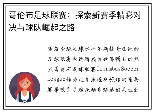 哥伦布足球联赛：探索新赛季精彩对决与球队崛起之路