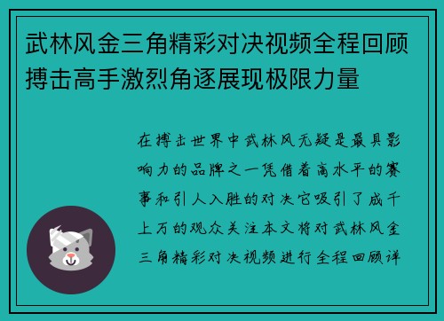 武林风金三角精彩对决视频全程回顾搏击高手激烈角逐展现极限力量